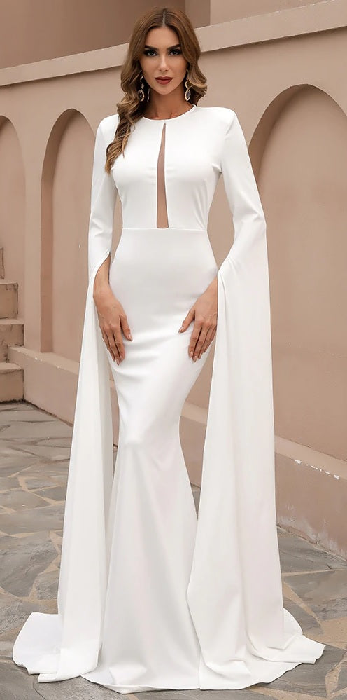 Draped Long Sleeved Plunge Neck Gown