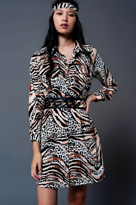 Mini Shirt Dress With Pockets in Leopard Print