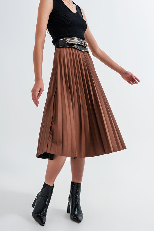 Leather Look Pleated Midi Skirt in Camel