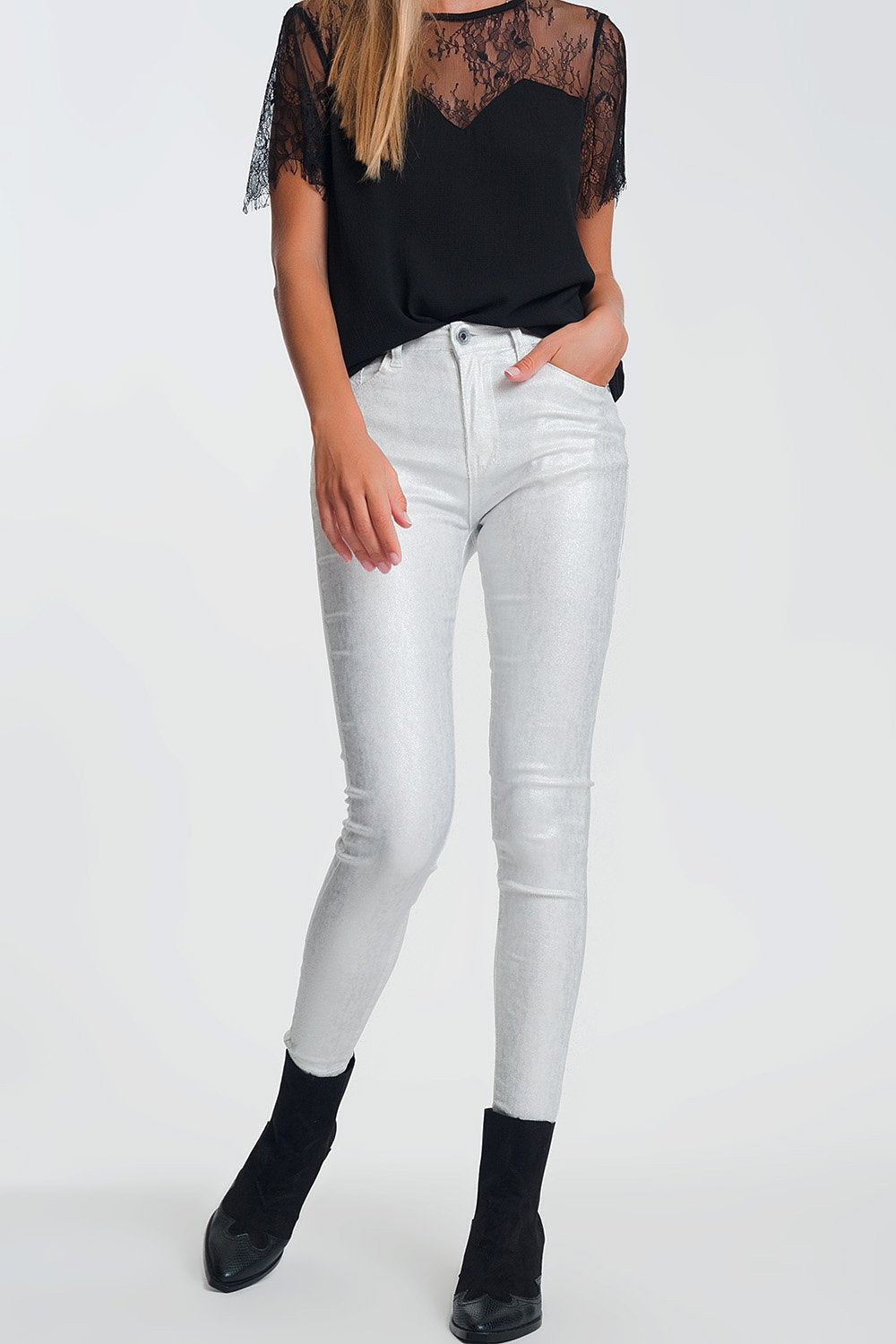 Super Skinny High Waisted Pants With Silver Sparkle in White