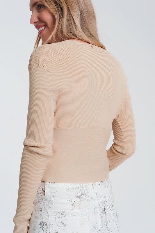 V Neck Ribbed Sweater in Beige