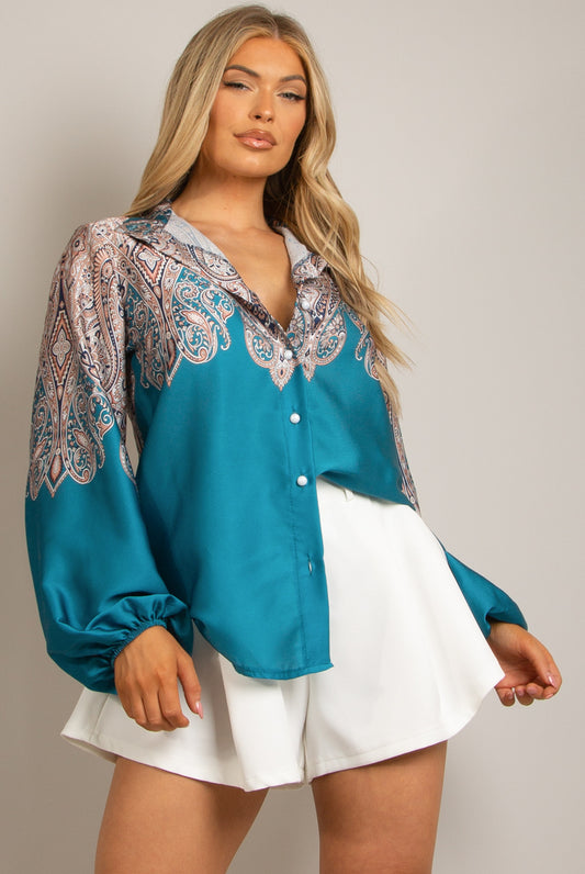 Paisley balloon printed shirt in turquoise blue