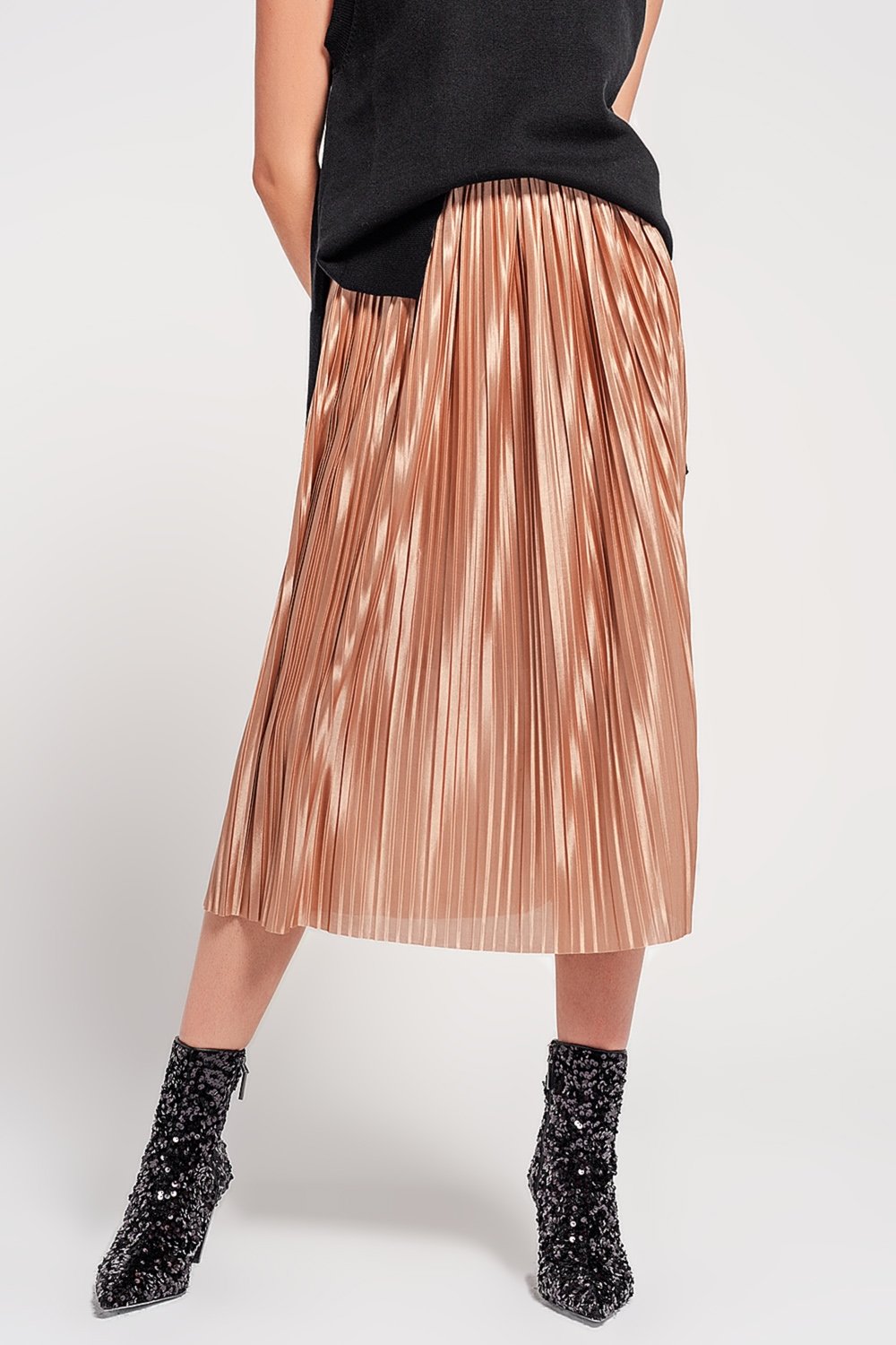 Shiny Gold Pleated Midi Skirt