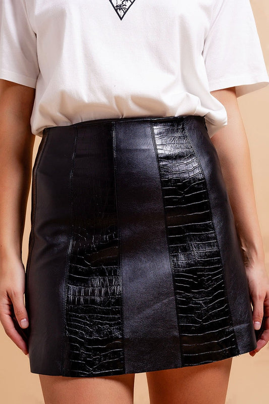Leather Look Croc Mini Skirt in Black