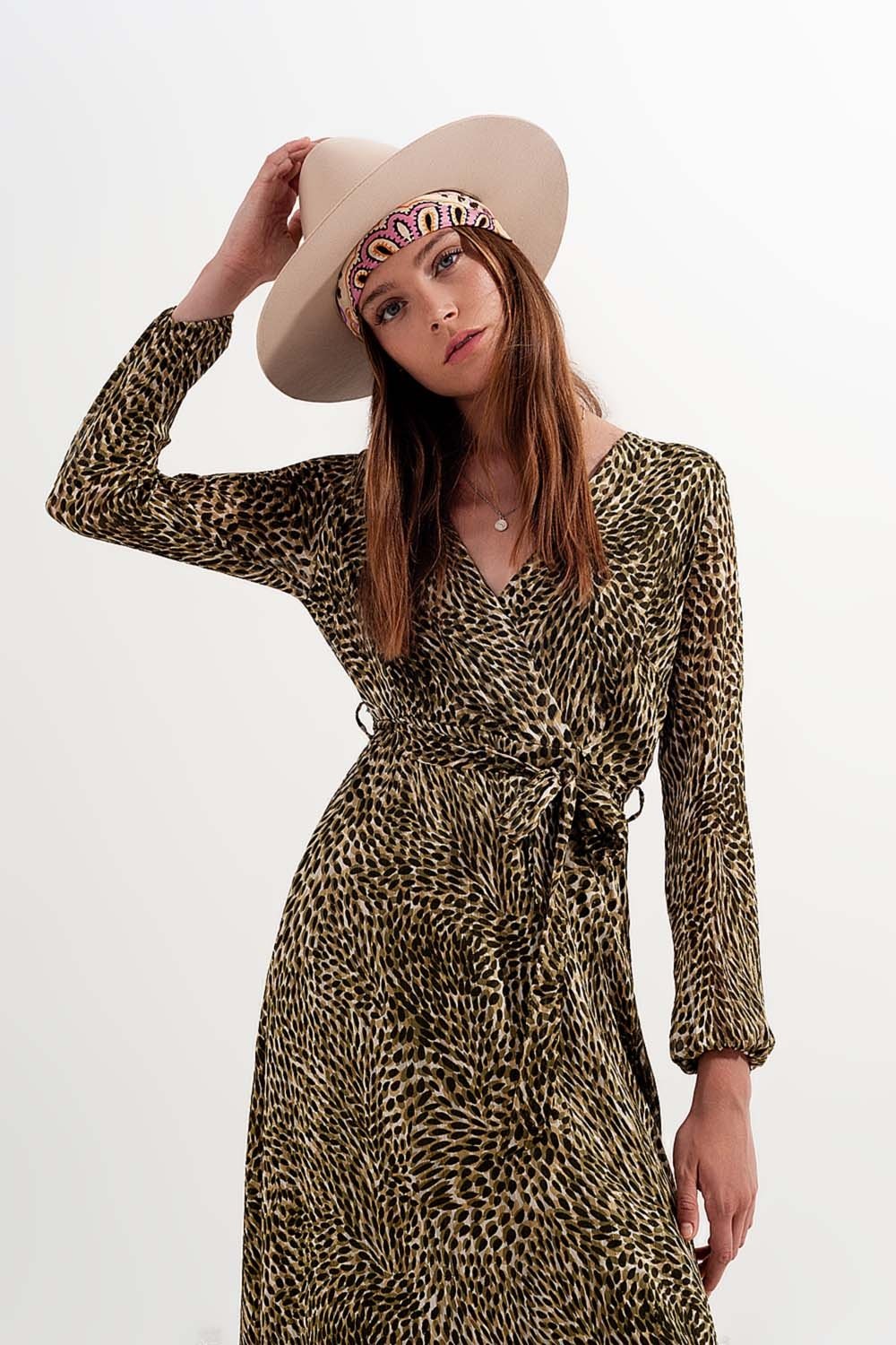 Long Sleeve Wrap Front Chiffon Dress With Belt in Shiny Print