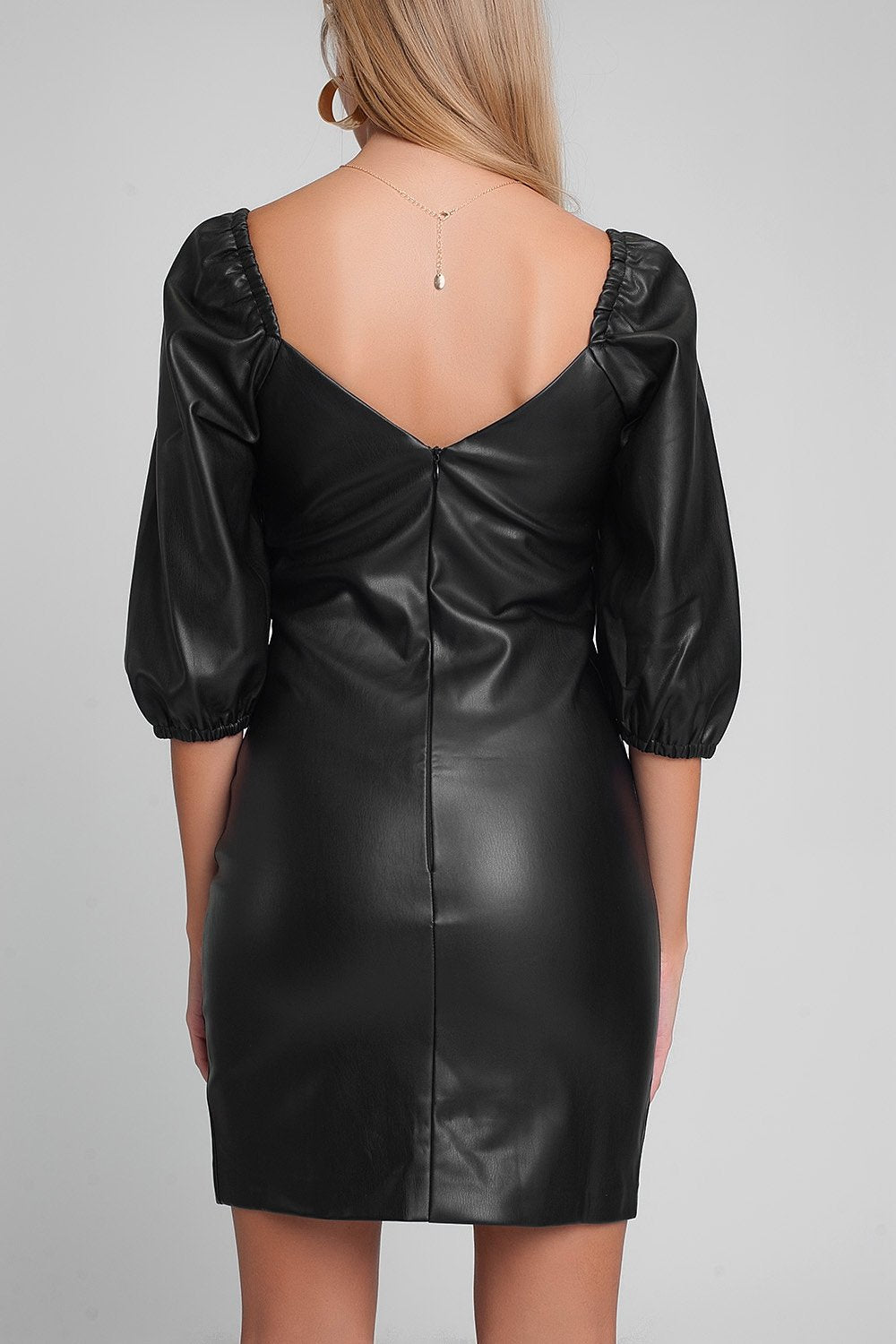 Faux Leather Mini Dress With Puff Sleeves in Black