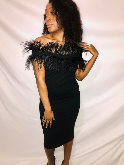 Off The Shoulder Feather Midi Dress