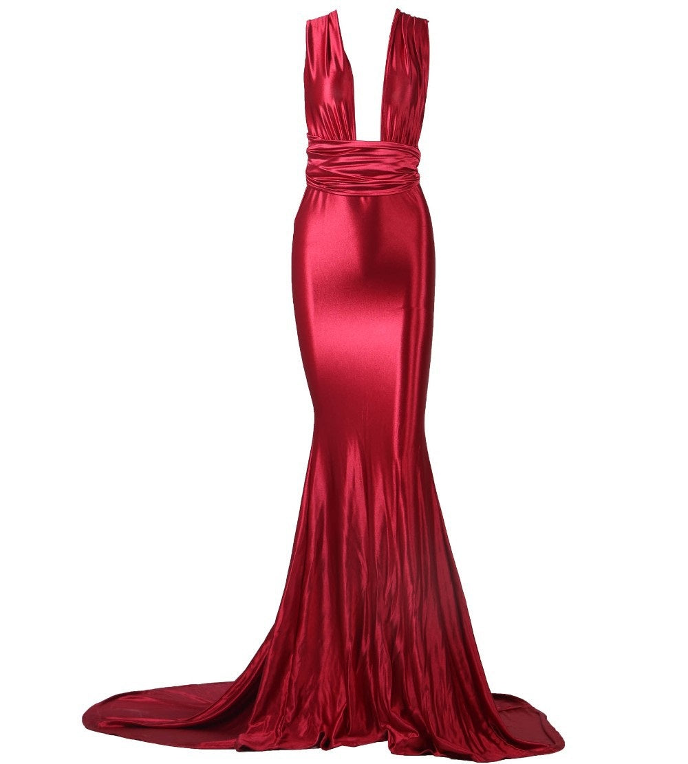 Red Carpet Plunge Neck Evening Gown