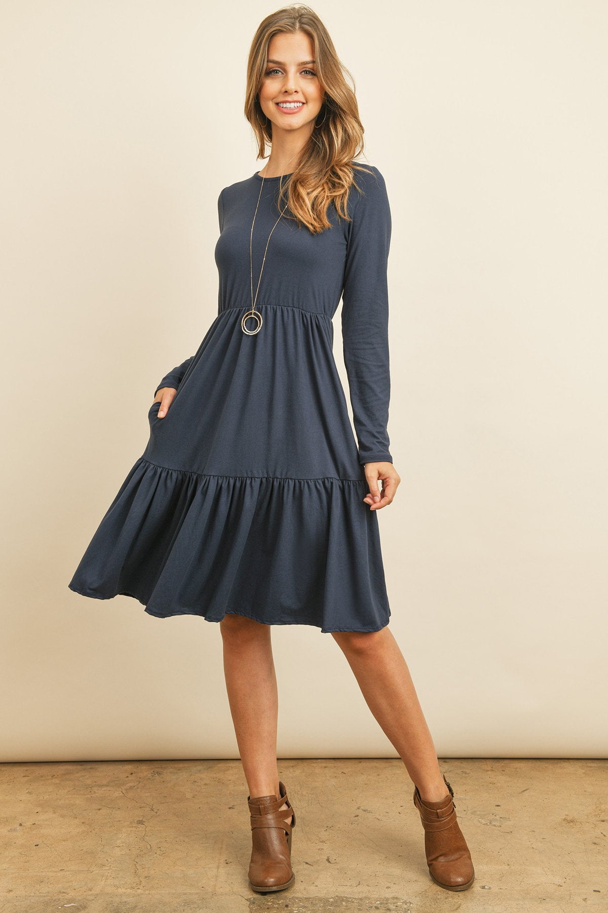 Solid Long Sleeve Double Layered Ruffle Dress