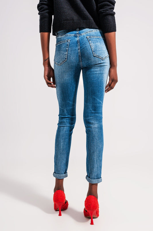 High Waist Elastic Skinny Jeans in Mid Blue