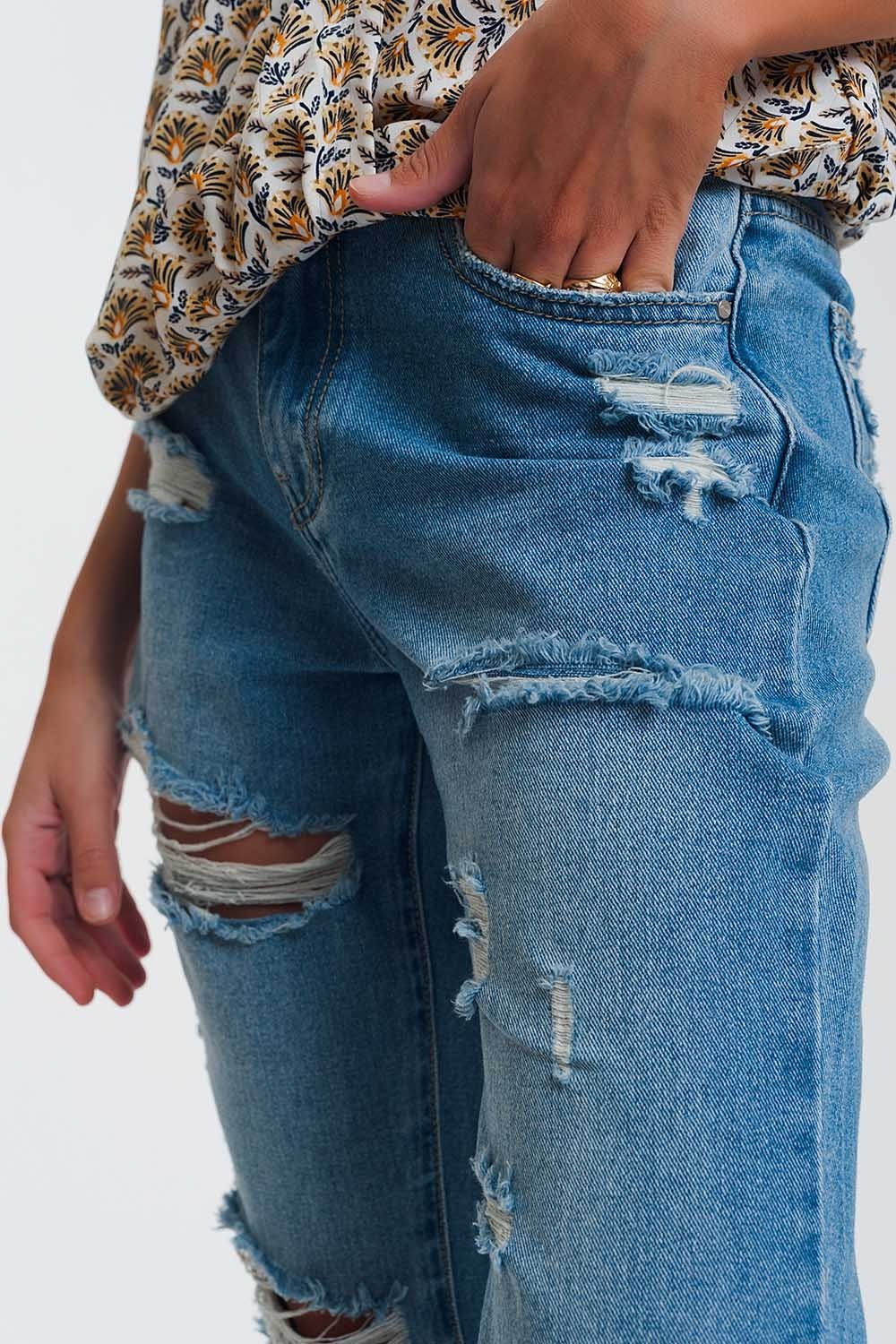 Mid Wash Denim Ripped Straight Jeans