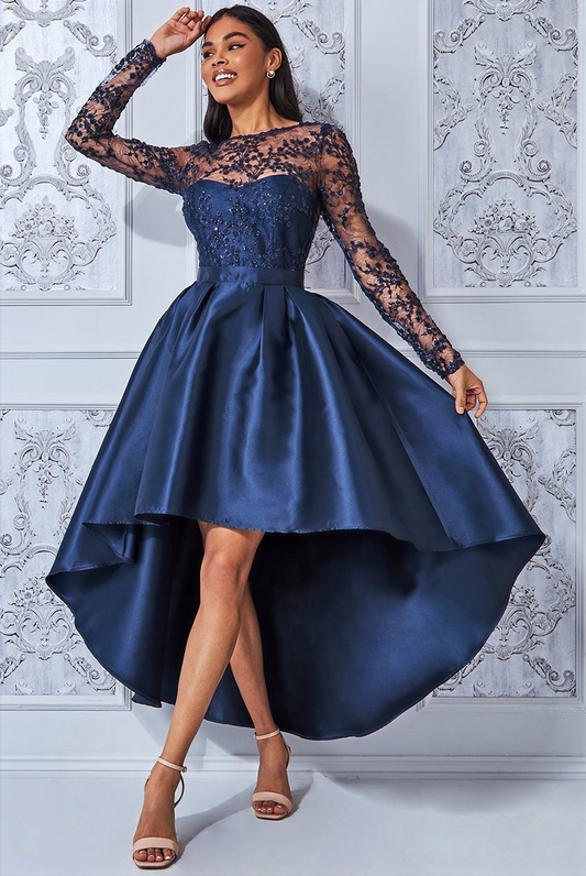 Lace Sequin Bodice Dress in Midnight Blue and Black .