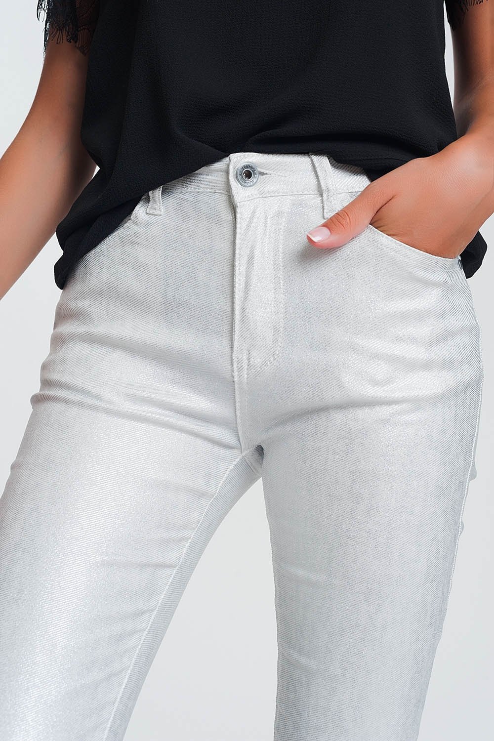 Super Skinny High Waisted Pants With Silver Sparkle in White