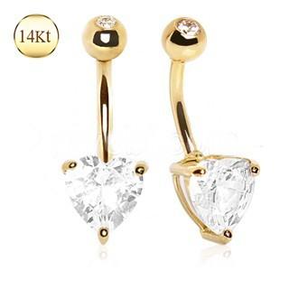 14Kt Yellow Gold Navel Ring With Large Clear Heart Prong Set CZ